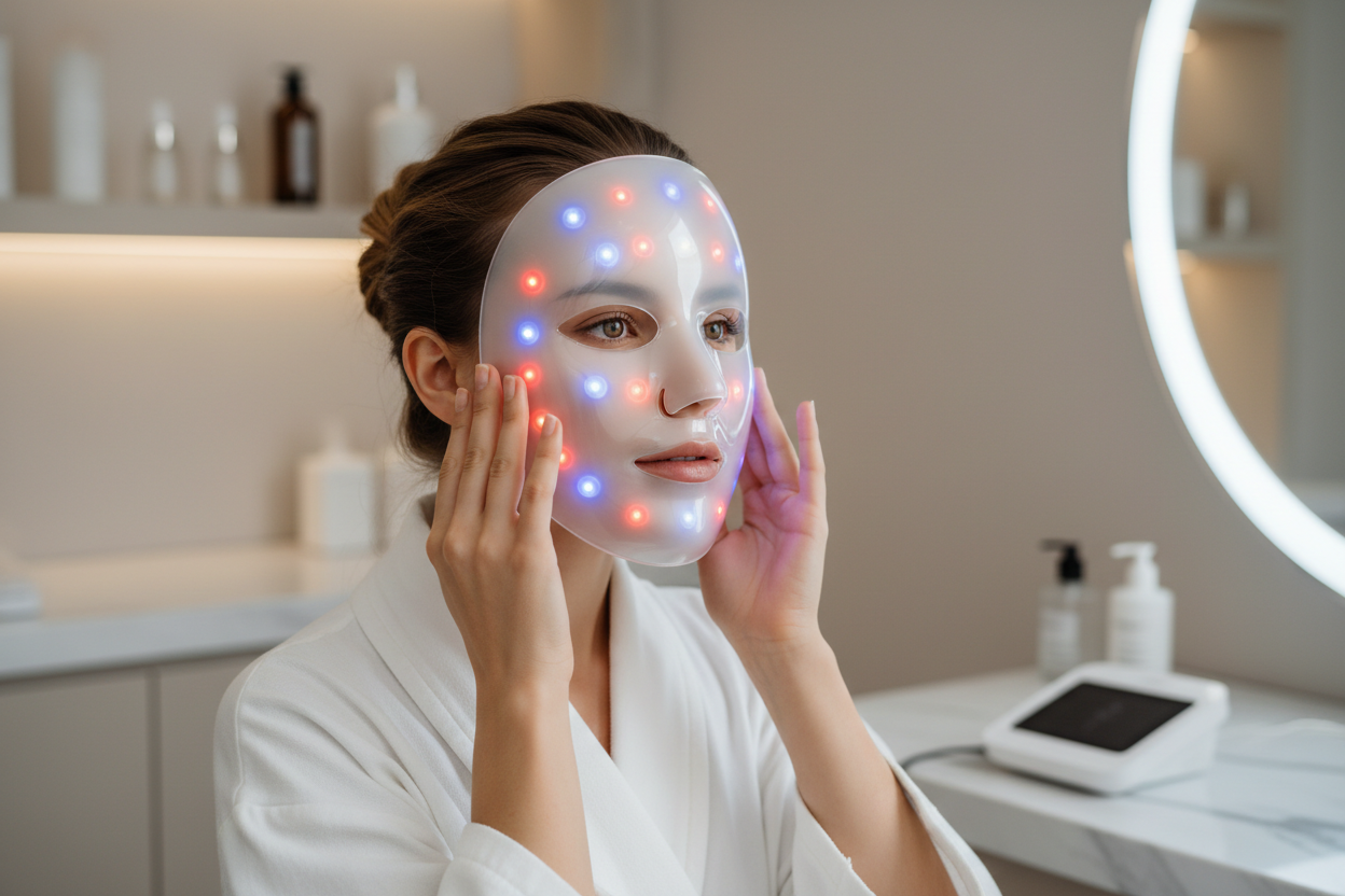 UNA CHICA COLOCANDOSE LA MASCARA LED